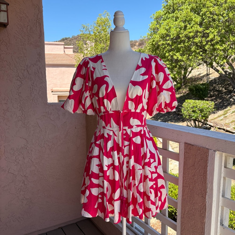House Of Harlow 1960 Pink White Puff Sleeve Linen Blend Dress Barbie Coquette